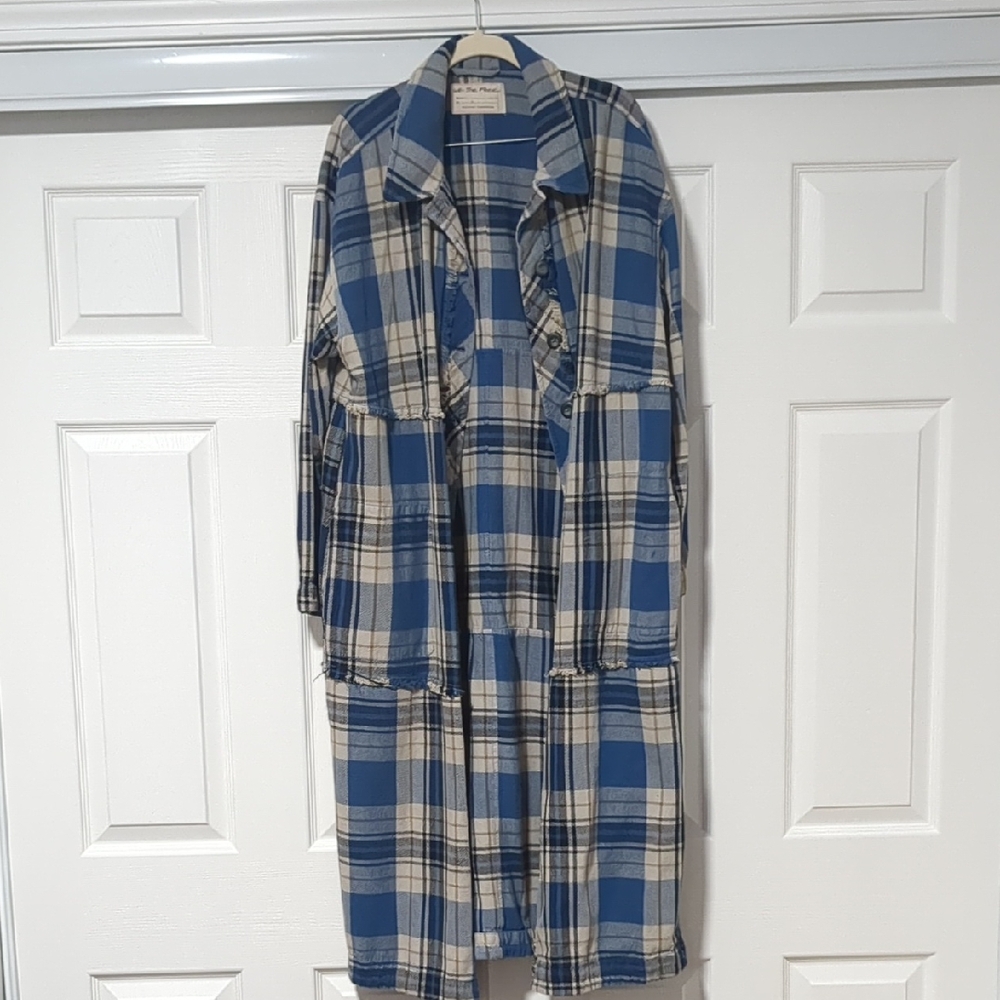 We The Free Blue and Cream Plaid Long Shirt Jacket